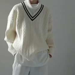 Dark Icon Color Contrast V-neck Pullover Men's Sweater Autumn Korean Style Knitwear Sweater for Men White