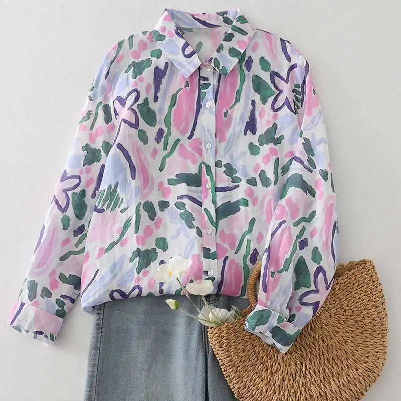 

Colorful Ink-color Printed Shirt for Autumn New Light and Breathable Basic Long-sleeved Women's Top