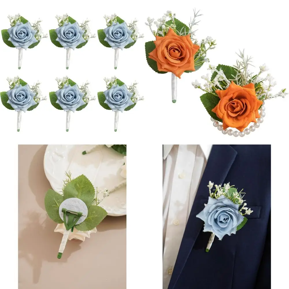 dusty blue rose boutonniere for men wedding, set of 6, wedding flower boutonnieres with pins for groom and best man wedding cere