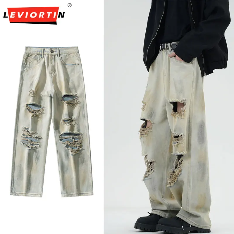 

Japanese Streetwear Ripped Baggy Jeans For Mens Clothing Hip Hop Vintage Denim Trousers Korean Fashion Distressed Pants Male
