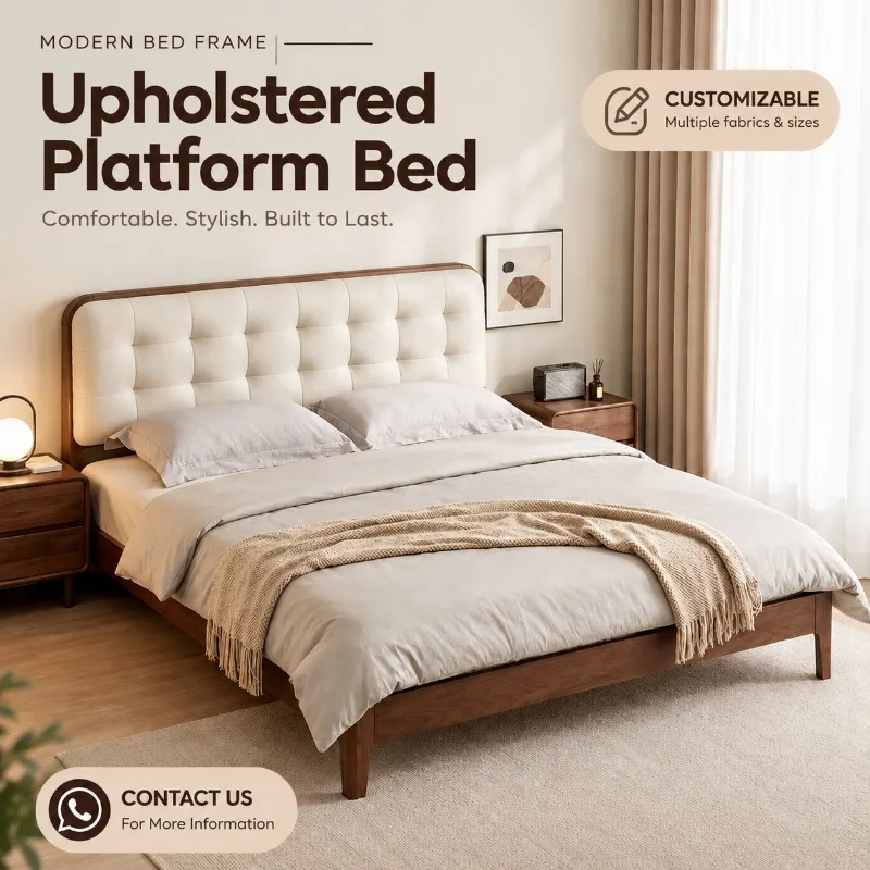Vintage Mid‑Century Style Fabric Bed, Embedded Soft Upholstery 1.8m Double Bed, High‑Grade Wedding Bed for Master Room