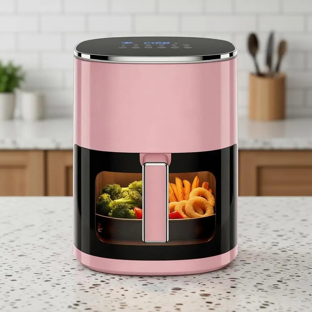 

Мультипечь 12-в-1, 6,34 кв. фута, цифровая конвекционная печь с окном, 1700 Вт, для жарки без масла, запекания, приготовления на пару, с антипригарной корзиной, розовая