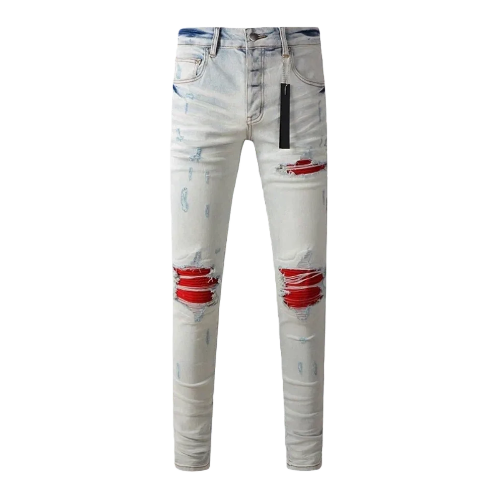 

High-quality light-colored ripped jeans, red and blue patchwork design, technological washing process, tight high street style