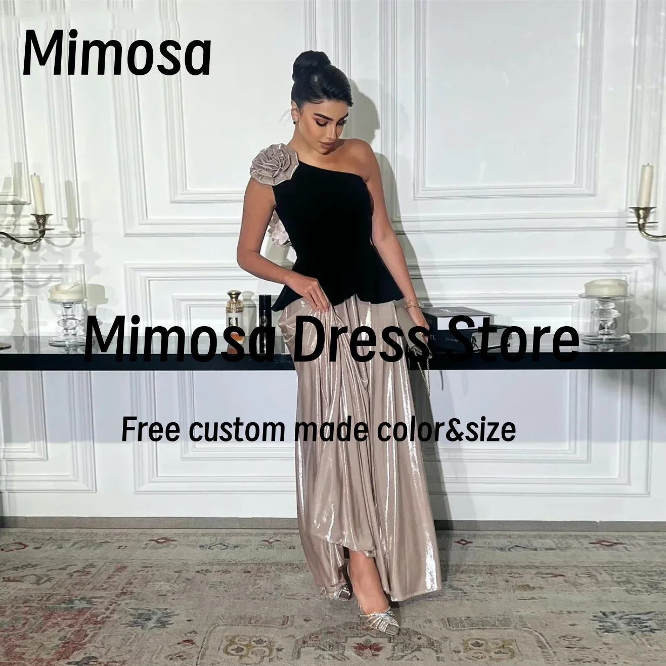 

Mimosa Bespoke Women's Prom Dresses with Flower One Shoulder Evening Party Dress Contrast Color Vestidos De Fiesta Customized