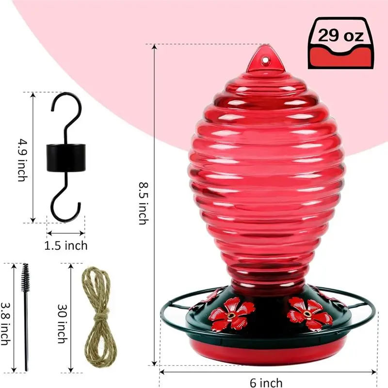 DT15 Glass for Hummingbird Feeder for Outdoors Hanging, 29oz Red Spiral Bottle, 5 Feeding for Ports, Durable & Rustproof