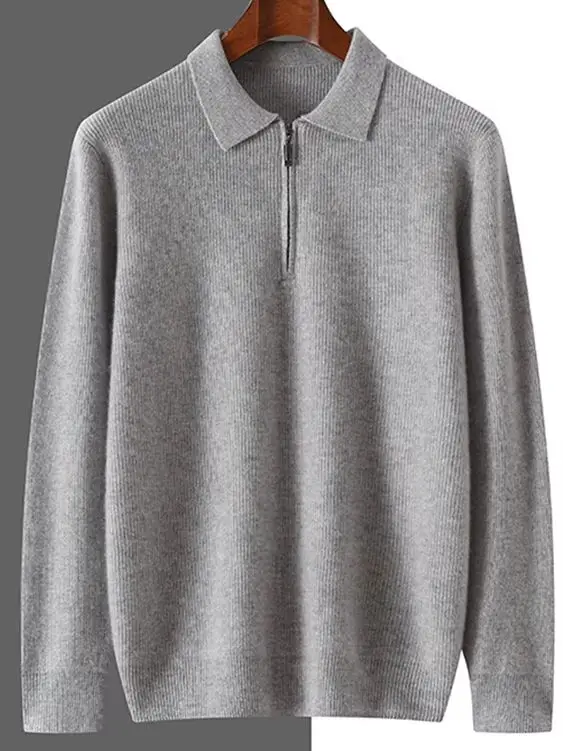 

Zipper Polo Collar Men's Pullover High Quality 100% Cashmere Knitted Sweater Autumn Winter Casual Chic Clothing Soft Tops