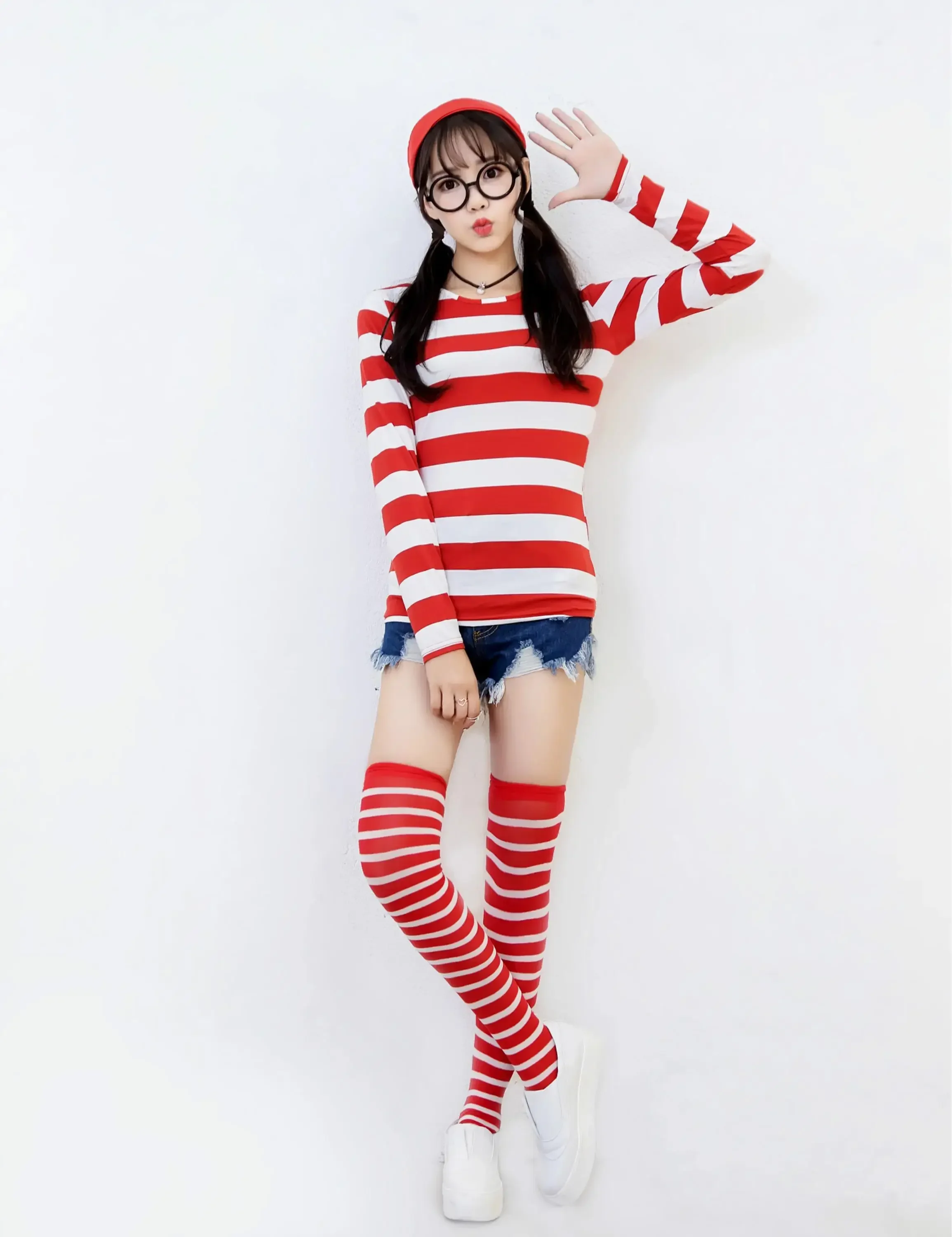 Anime Wally Outfit Ladies World Book Day Week Wenda Waldo Character Fancy Dress Shirt Hat Glasses Stockings Costume