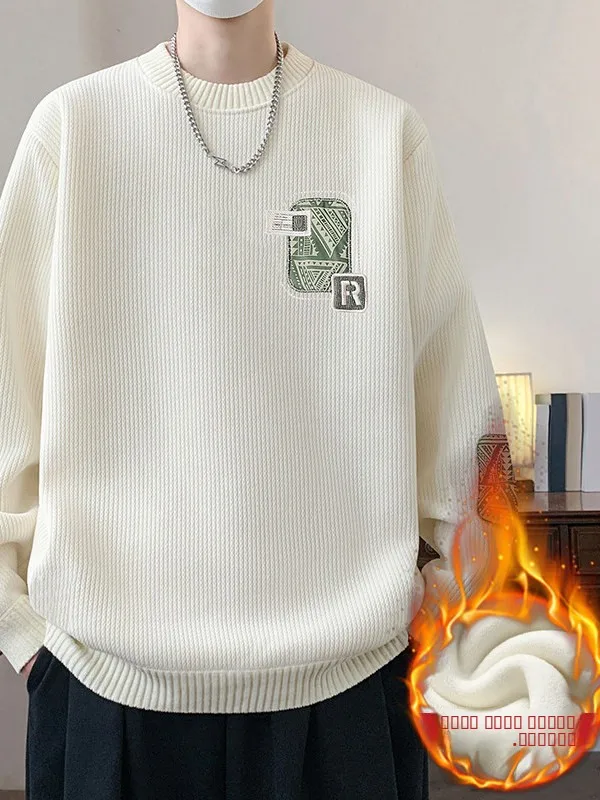 

Утепленный мужской вязаный свитер с круглым вырезом и флисовой подкладкой, базовый слой для ношения под одеждой, зимний повседневный мягкий полиэстеровый лонгслив