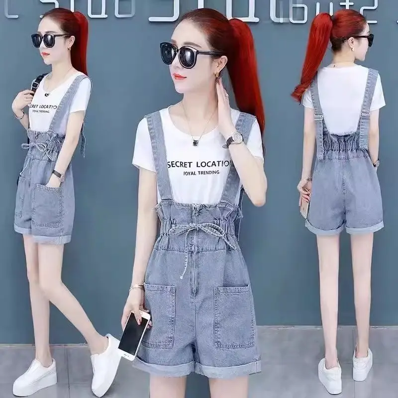 

Slimming ort Denim Overalls Women's Summer Large Size Faionable Belted Jeans Pants High Waist Blue Cotton Button Closure