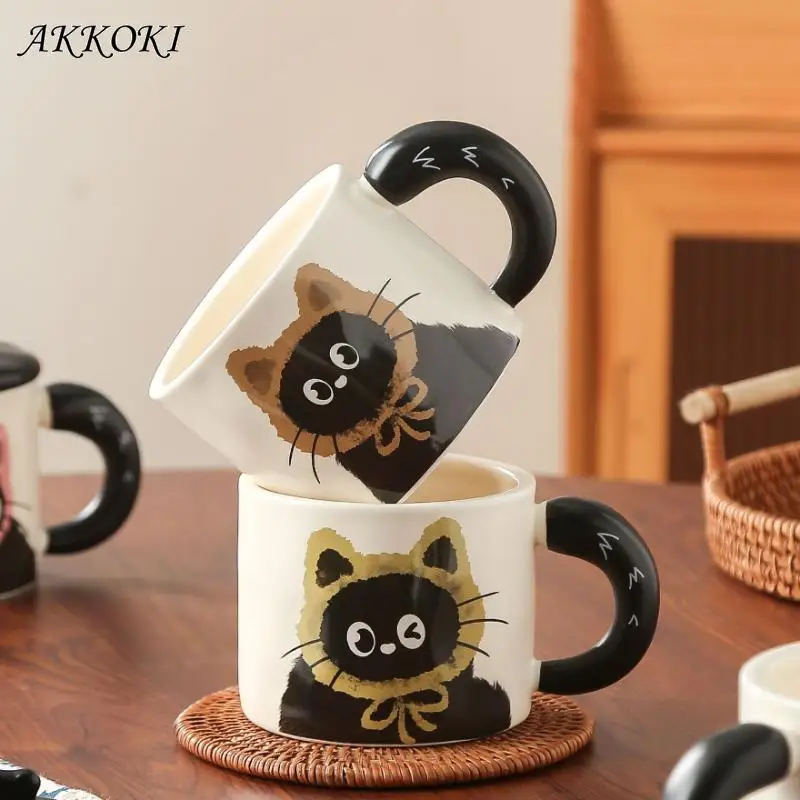 Ceramic Mugs Coffee Cups Creative Handle Coffee Mug with Cat Shaped Lid Hand Painted Water Cup Breakfast Mug Drinkware Kitchen ﻿