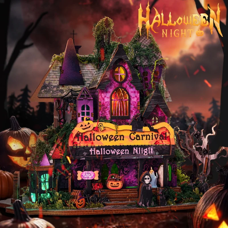Diy halloween noite carnaval casa kit de modelo em miniatura de madeira 3d quebra-cabeça casas de boneca com móveis casa de bonecas para amigos presentes