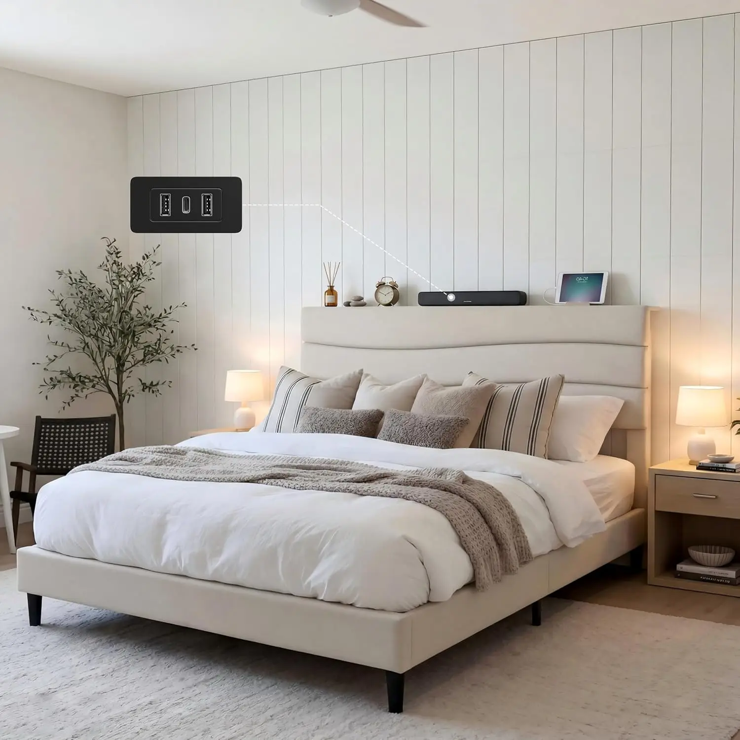 Upholstered Queen Bed Frame with Adjustable Headboard & Charging Station, USB & Type-C Ports, Wave Design, Under-bed Storage, Be