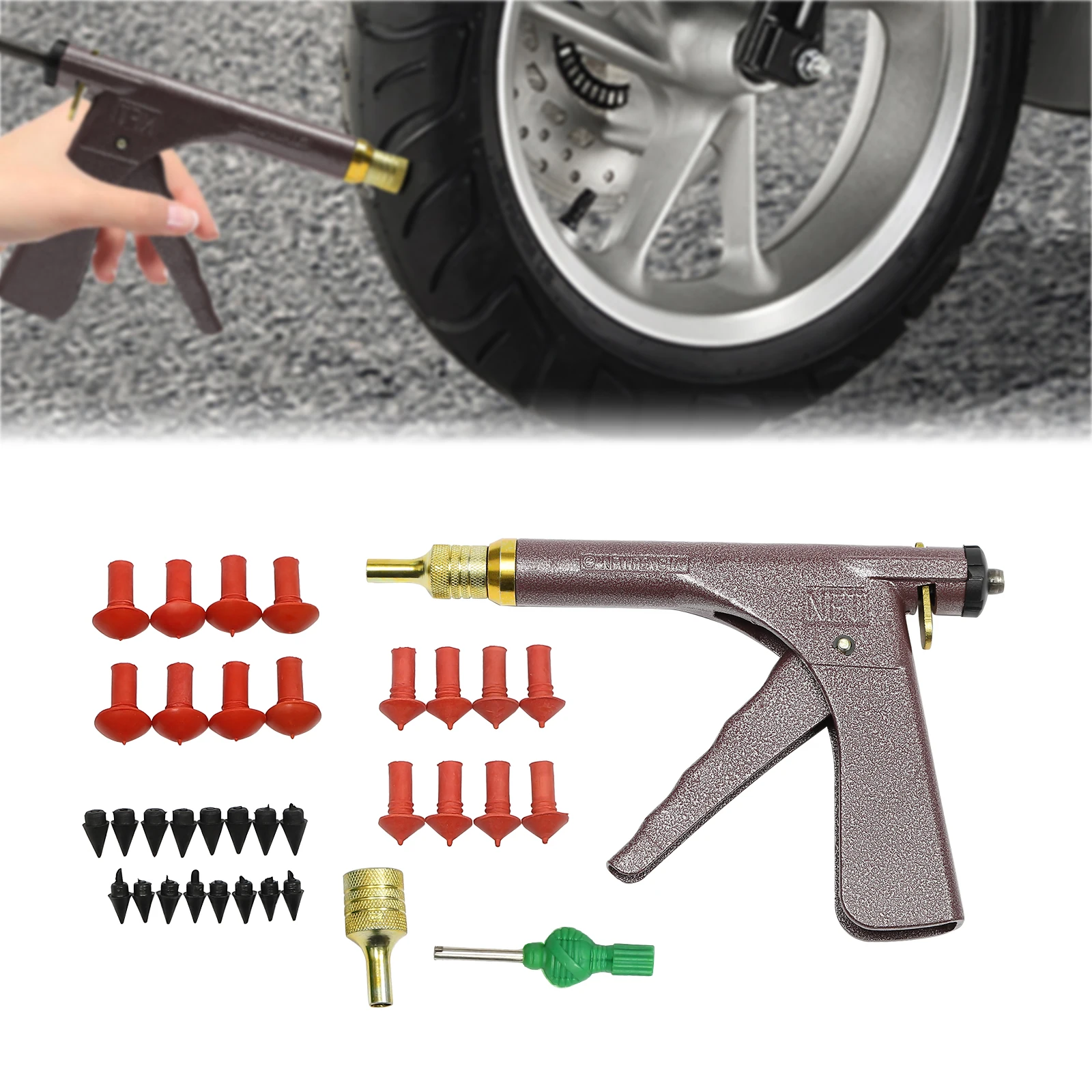 Kit pistola per riparazione ruote pneumatici tubeless, pistola professionale per riparazione pneumatici sottovuoto, tappo per pneumatici con tappo a fungo Tubeless con scatola