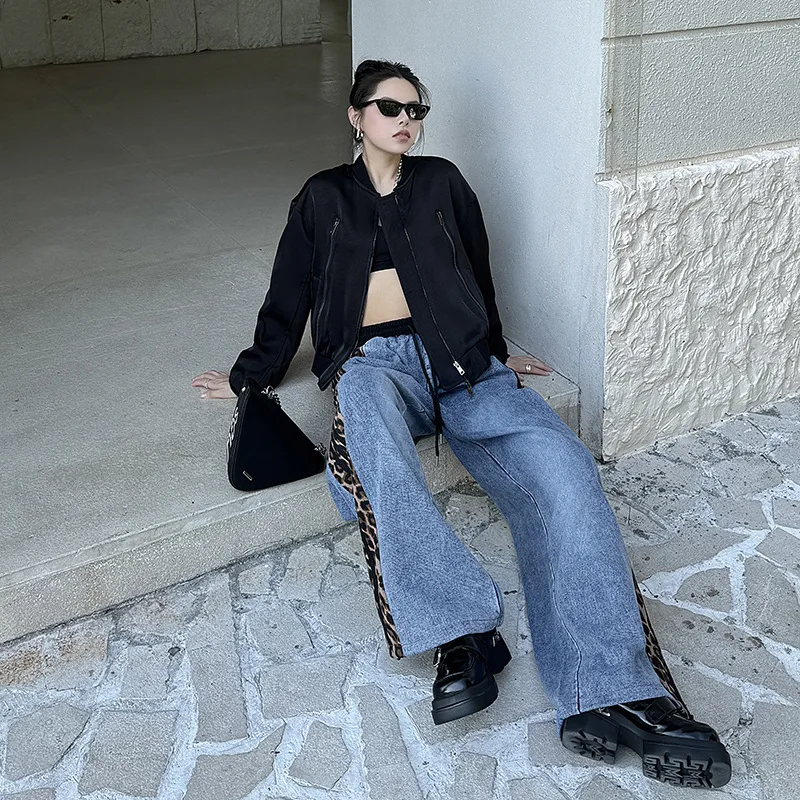 

Американские винтажные лоскутные джинсовые широкие брюки с леопардовым принтом, весна 2026, новые модные женские свободные повседневные брюки с высокой талией