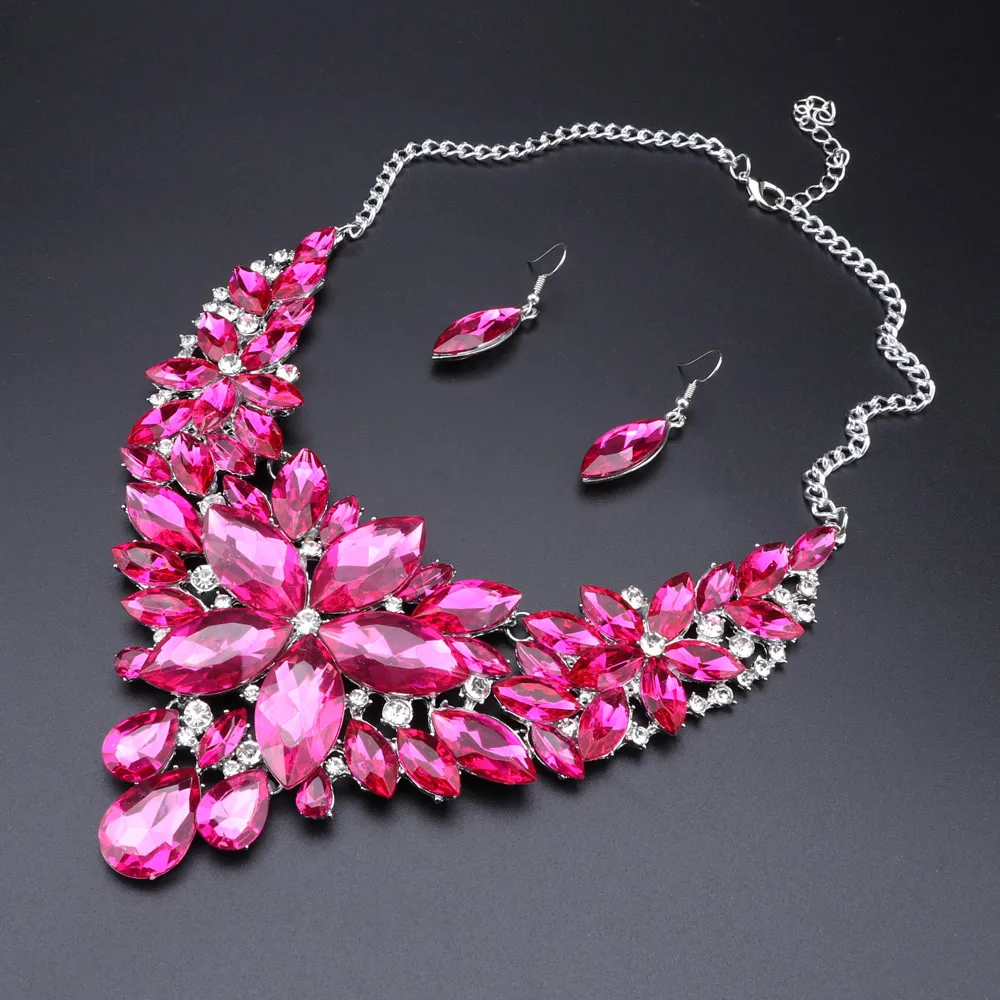 CYNTHIA Fashion Pink Flowers Bridal Wedding Party Prom Costume Jewelry Sets Indian Necklace Earrings Sets for Brides Bridesmaids