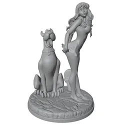 Figura de resina miniatura sin pintar: belleza pelo largo con mascota