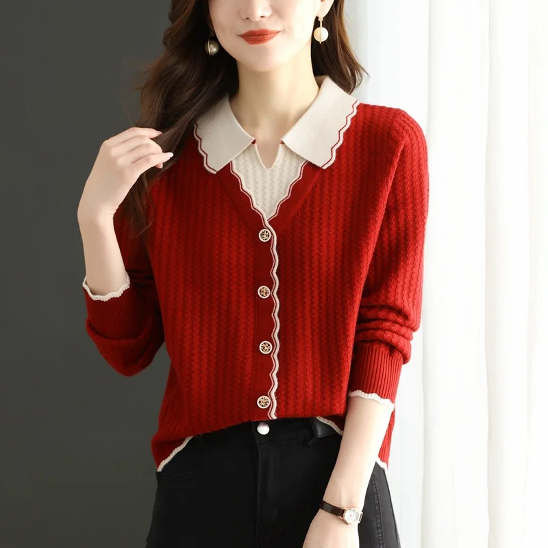 Autumn Winter Fake Two pieces Women's Sweater Pullover New Color Blocking Shirt Collar Long Sleeve Knitted Sweater Female Tops