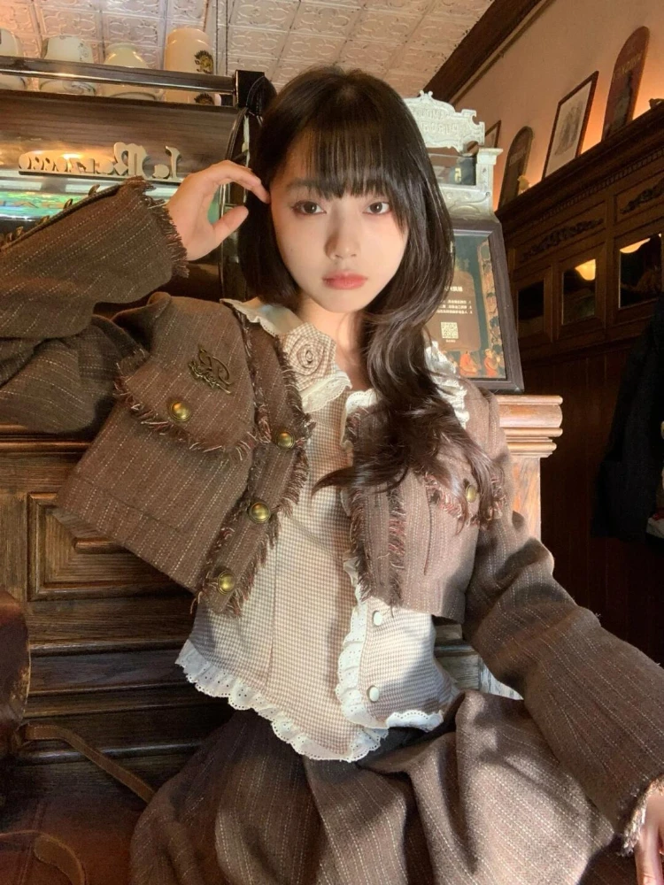 

Autumn French Vintage Elegant New 3 Piece Set Woman Preppy Style Y2k Short Coat + Lace Chic Blouse +High Waist Midi Retro Skirt