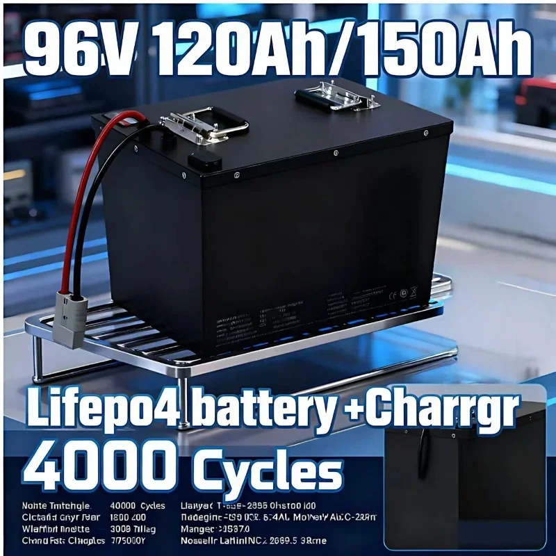 96V 120Ah Lifepo4 Battery Pack with BMS 32S for Motorcycle Motorhome Golf Cart Tour Car - 10A Charger Included