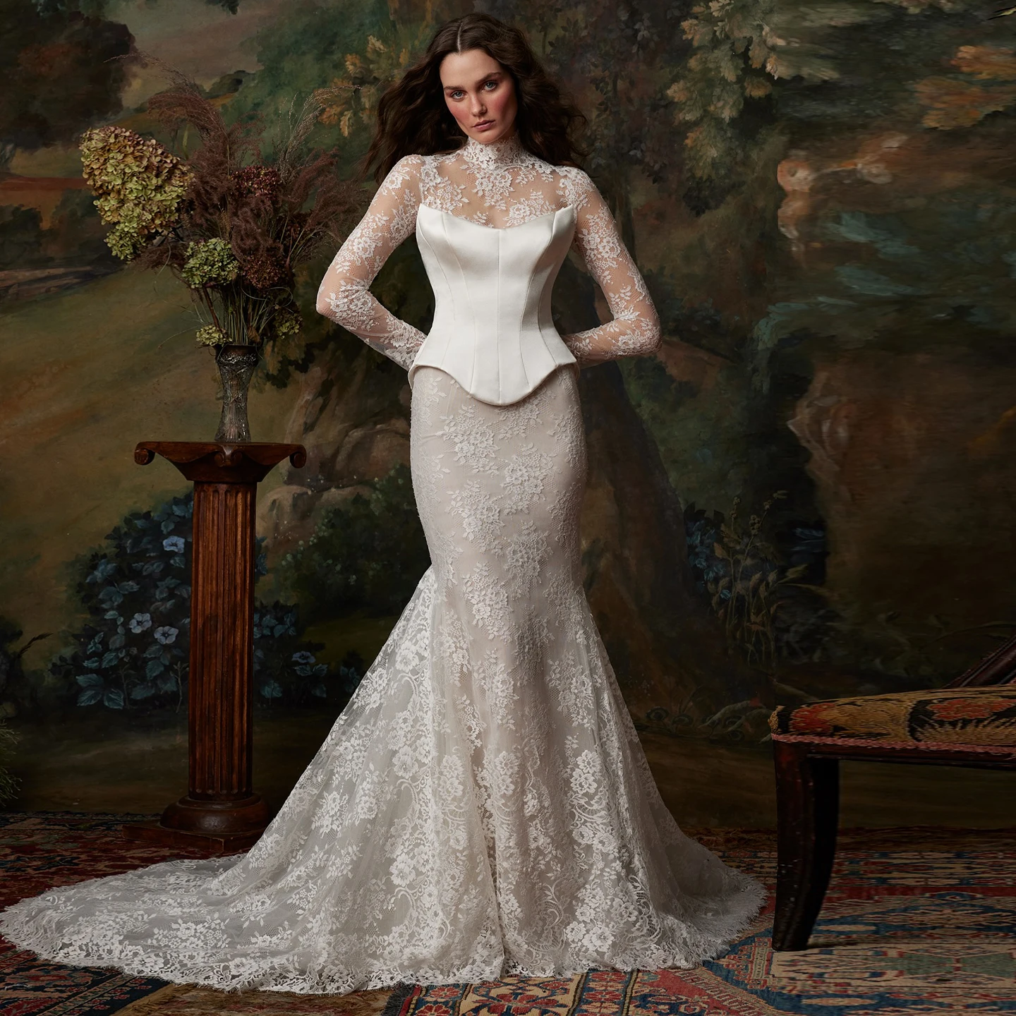 Sharon Said Corset High-neck Mermaid Lace Off White Wedding Dress 2026 Vintage Long Sleeves Satin Bride Gowns SW080 Customized