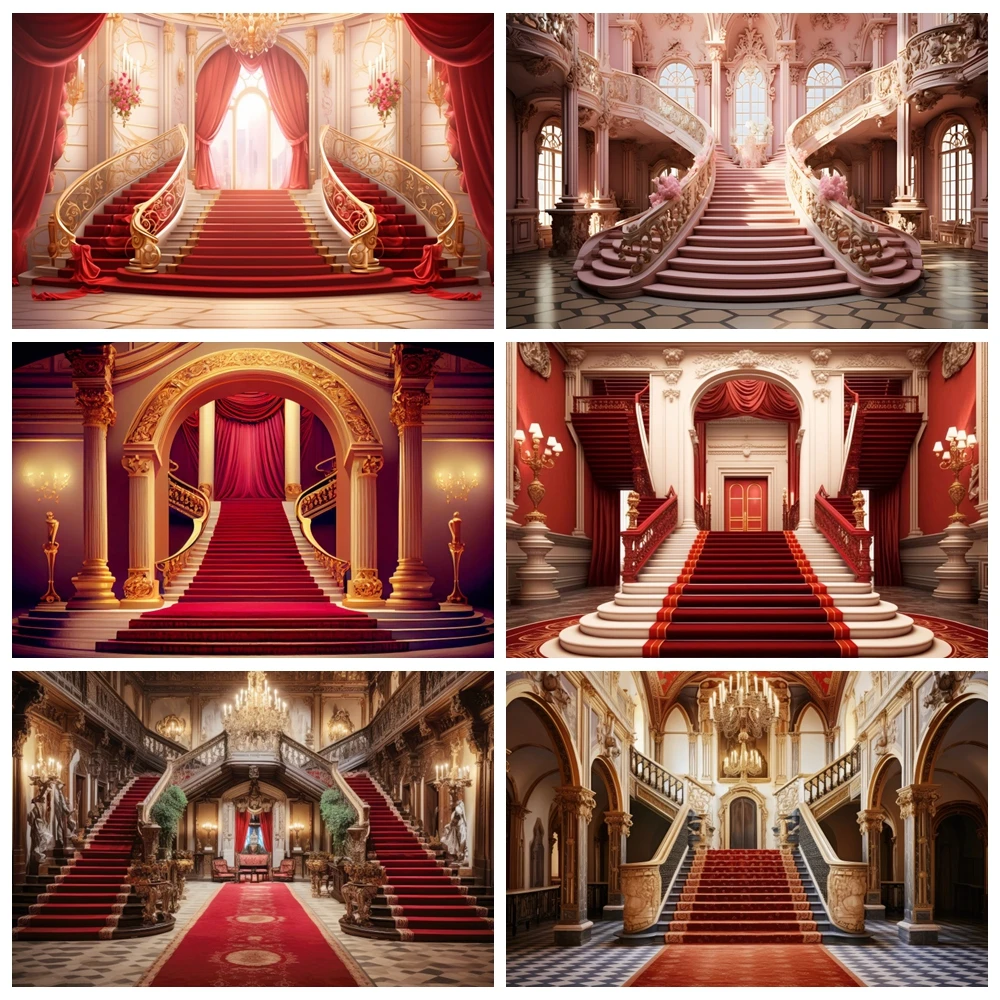 Pano de fundo luxuoso do palácio para a fotografia, tapete vermelho, escada espiral, retrato adulto interior, fundo da foto do casamento, retro