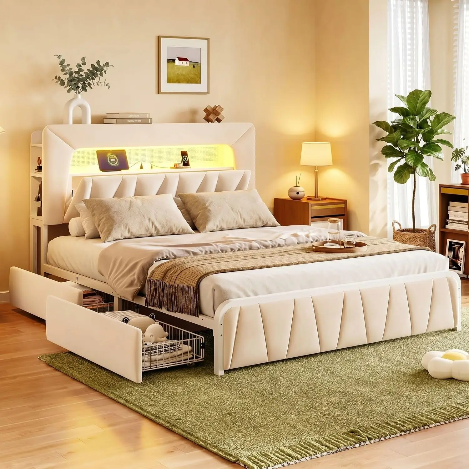 Queen Upholstered LED Bed Frame Storage Drawers Headboard Bookcase & USB Outlets Platform Power Station Metal Slat Support No Bo