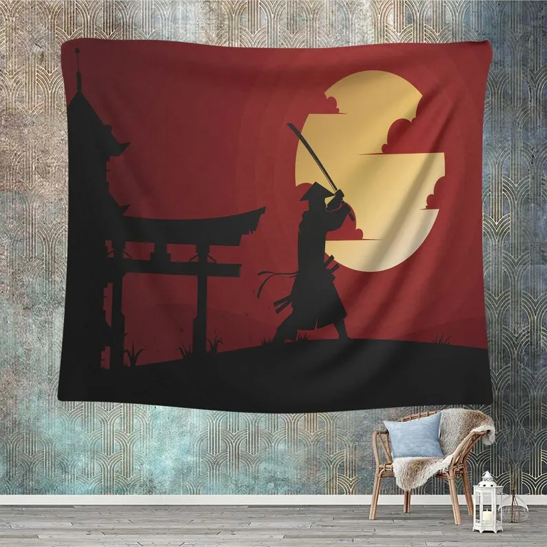 Japanese Wall Fabric Warrior Mural Asian Style Space Aesthetic Decoration Sunset Latest Oriental Wallpaper Tapestry