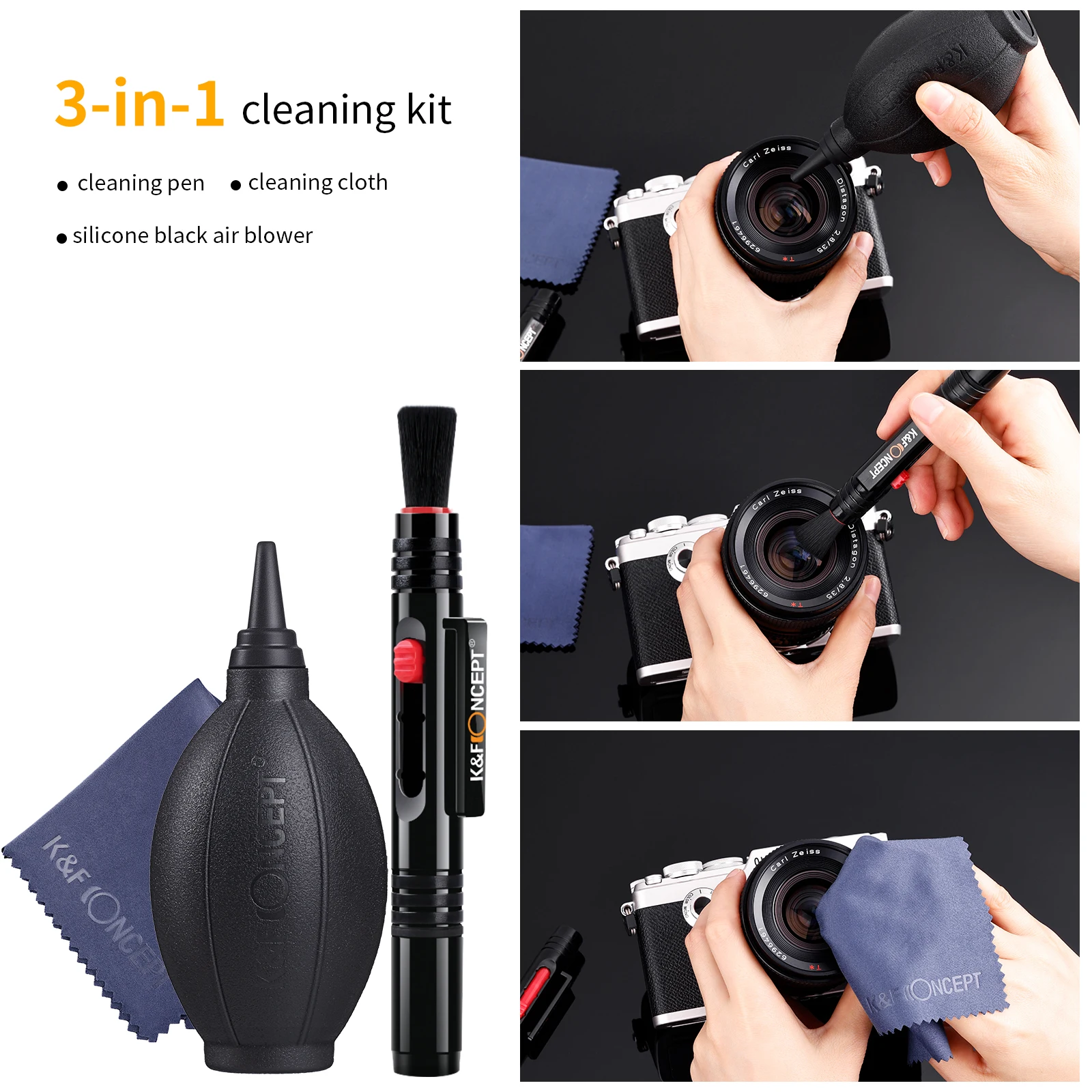 K&F CONCEPT Camera Cleaning Kit 3 In1 With Air Blower And Lens Cleaning Pen And Cleaning Cloth For Camera Lenses Filters