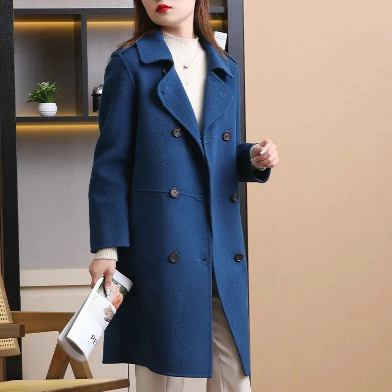 2024 Autumn Winter Double-Faced Wool Coat Women Warm Double-breasted Woolen Coat Jacket Women Fashion Temperament Wool Overcoat