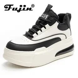 Fujin 7cm prawdziwej skóry platformy Wedge Casual Chunky Sneakers kobiety buty botki wiosna jesień zima pluszowe ciepłe buty