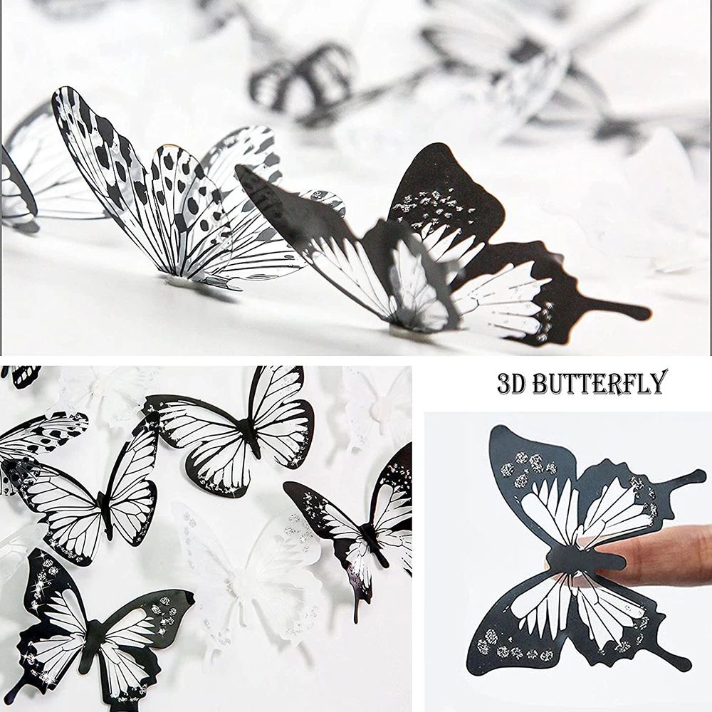 18Pcs Black White Butterfly Wall Stickers Decor 3D Removable Glitter Butterflies Home Decoration Wedding Living Room Ornaments