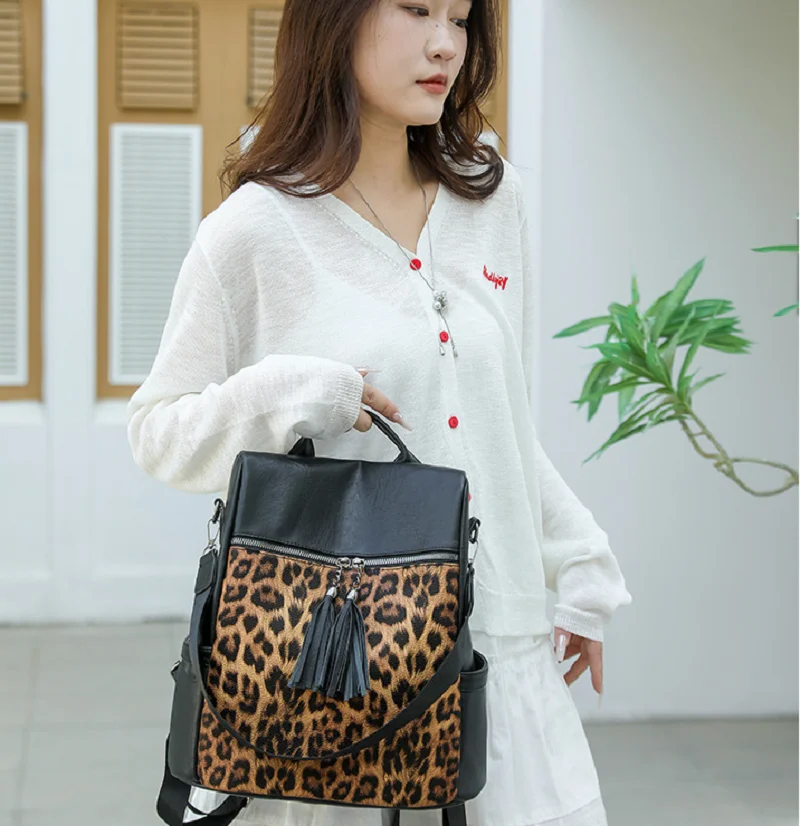 2026 Fashion Vintage Leopard Tassels Designer Leather Backpacks Women's High Capacity Travel Shoulder Bags Totes Crossbody Bag