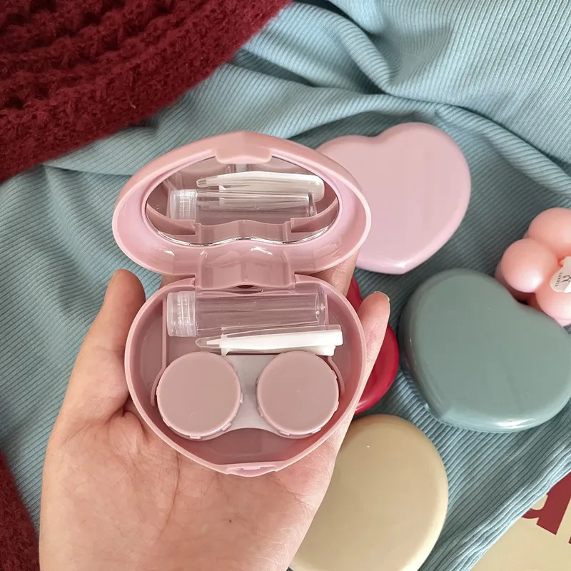 Caja de lentes de contacto portátil, Mini Kit de herramientas para ojos de viaje con forma de corazón, con espejo, pinzas, almacenamiento, caja de remojo, lentes de contacto