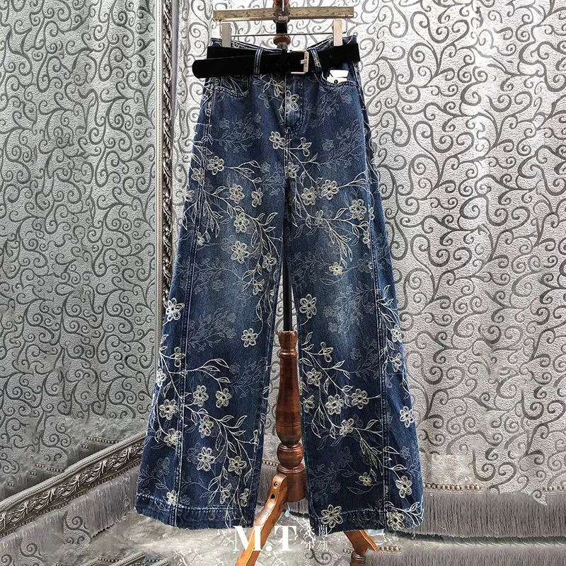 Embroidery Jacquard Women's Jeans Autumn Winter American Style High Street Straight Wide Leg Pants High Waist Curved Trousers