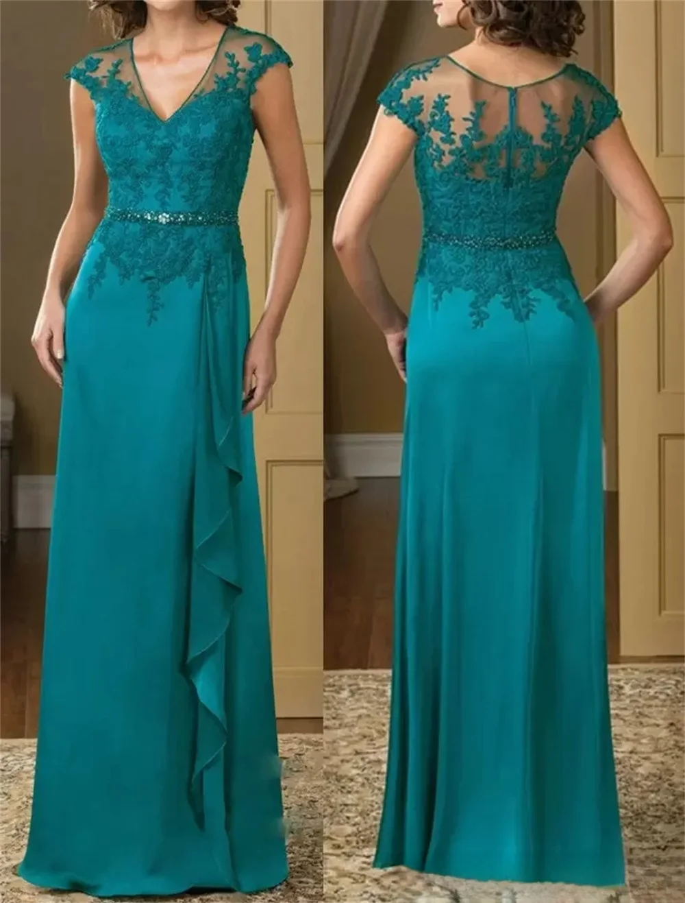 A-Line Lace Floor-Length Mother Of The Bride Dress Elegant 2023 Plus Sizes Turquoise Appliques Chiffon Short Sleeve Ruffles Belt