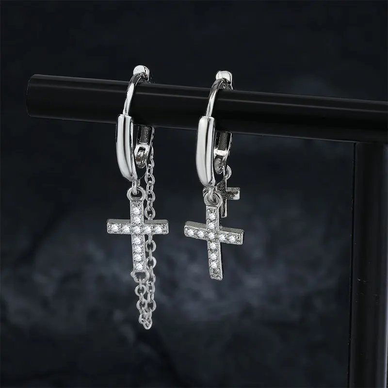 Vintage Punk Cross Tassel Earrings for Women Men Gothic Hip Hop Metal Sliver Color Crystal Chain Hoop Earrings Jewelry Gift