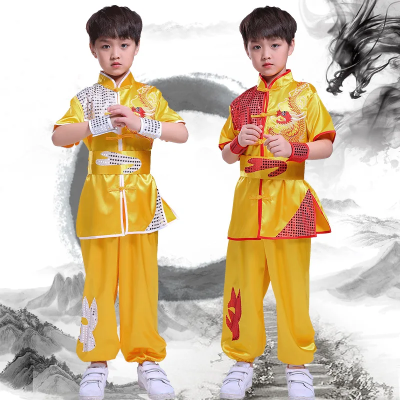 Ensemble de vêtements de style traditionnel pour enfants, nouvel an chinois, broderie de dragon à paillettes, uniformes de Kung Fu, chapelle Tai