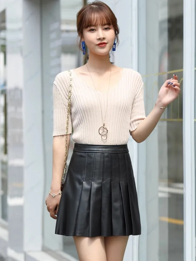 Mode femmes en cuir véritable jupe plissée taille haute printemps fermeture éclair a-ligne jupes couleur unie Streetwear jupe noire XS-4XL