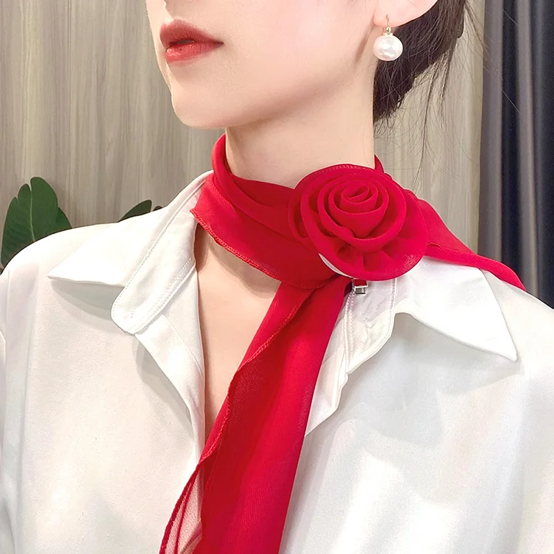 Fashion Rose Flower Silk Scarf Women Soft Chiffon Kerchief Neckerchief Head Hijab Ladies Long Ribbon Tie Scarf Office Clothes