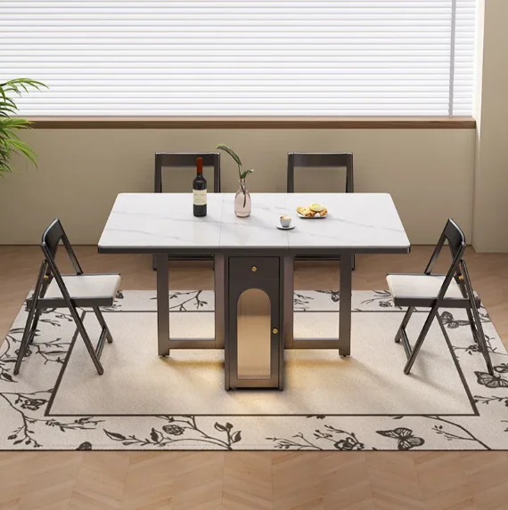 #Solid Wood Folding Dining Table With Recessed Design Modern Adjustable Space-Saving Solution For Small Apartments