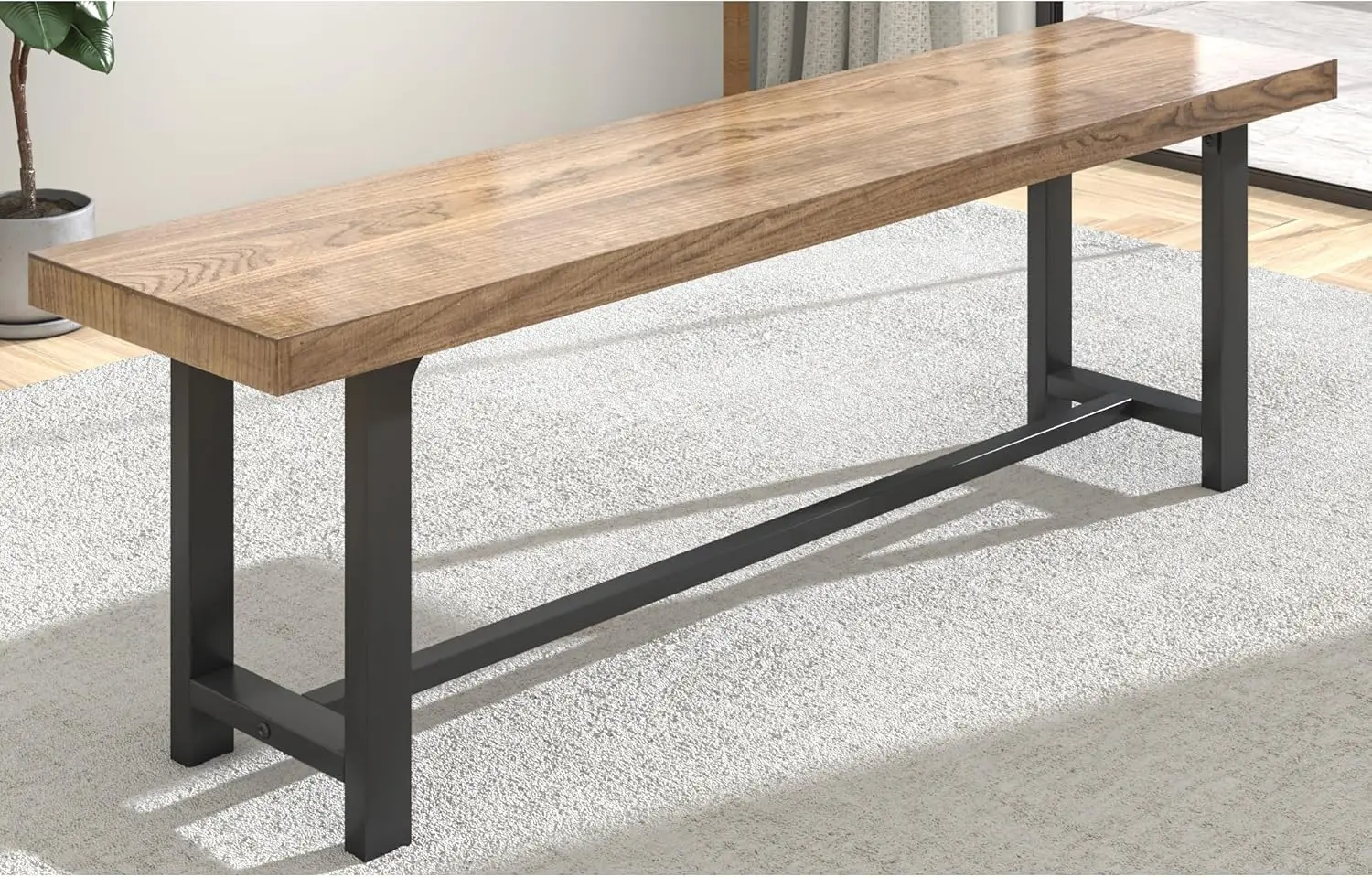 Solid Wood Dining Bench for 2 3 4 Person,Brown Kitchen Table Bench w/Strong Metal Legs,5Ft Long Wooden Benches for Farmhouse Rus