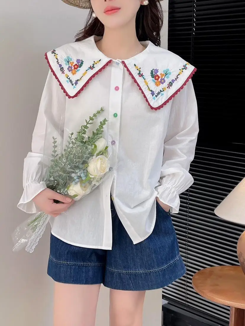 New Summer Cotton Loose Shirt Women Peter Pan Collar Long Sleeve Tops Girl Floral Embroidery Sweet Blouses 2024 Spring T43207QM