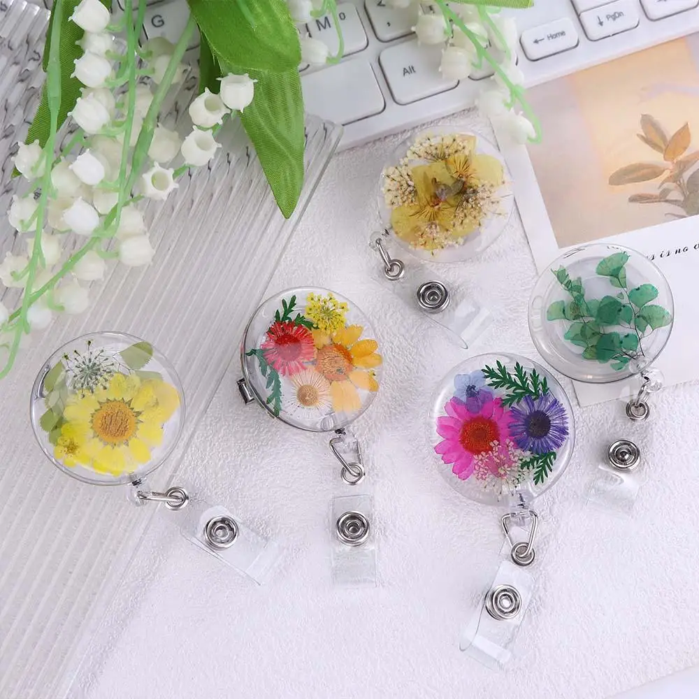 Pressed Floral Transparent Work Badge Charm Retractable Key Holder Resin ID Lanyard Reels Keyring Card Badge Holder Badge Reel