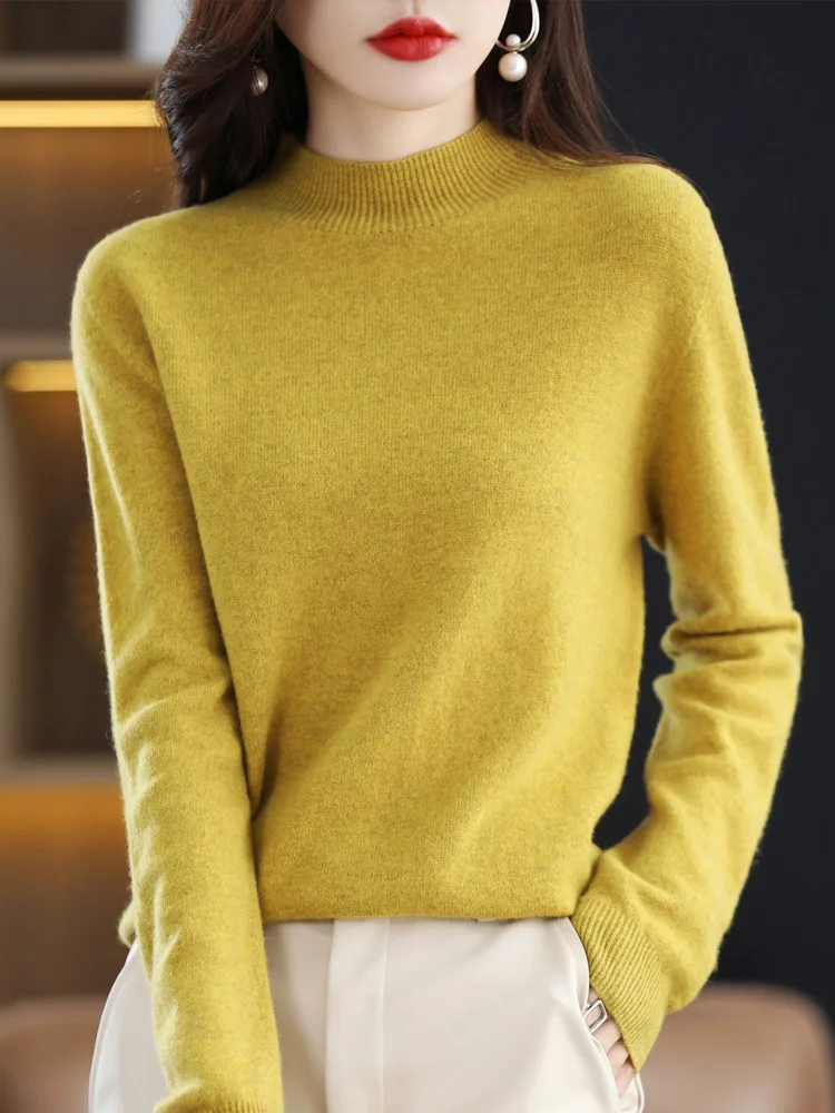 Women Mock-neck Pullover Sweater Autumn Winter Basic Warm Casual 100% Merino Wool Knitwear Bottoming Shirt Female Clothing Tops