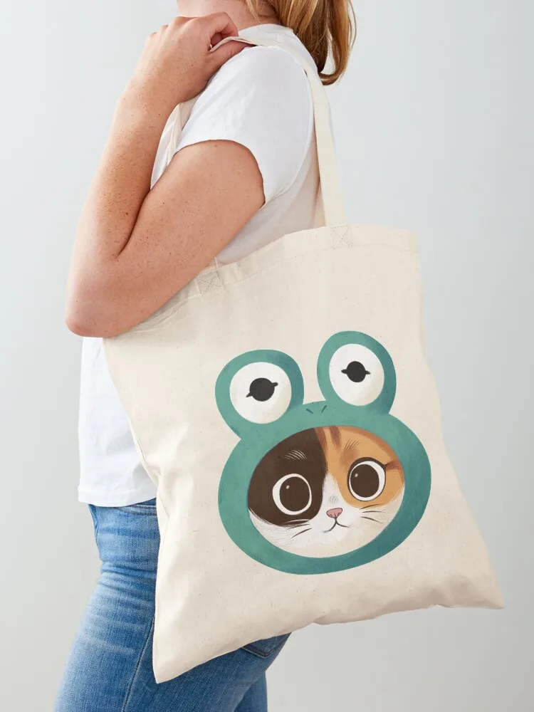 

Cat with frog hat Tote Bag shopping bag logo hand bag reusable shopping bags Women's shopping