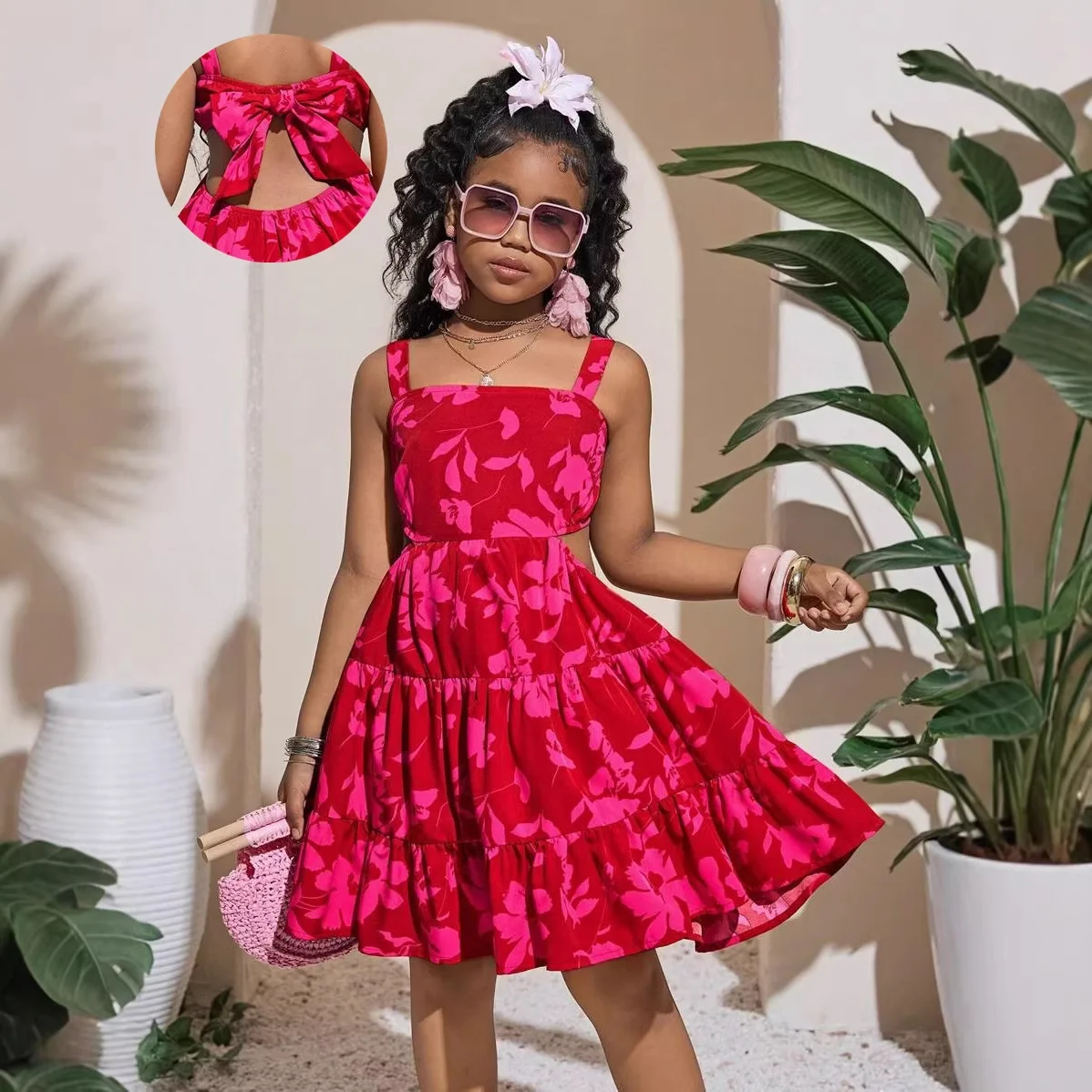 Summer Dresses Baby Girls Casual Breathable Cute Sweet Flower Colorful Print Bow Sleeveless Dress Holiday Hawaii Causal Dress