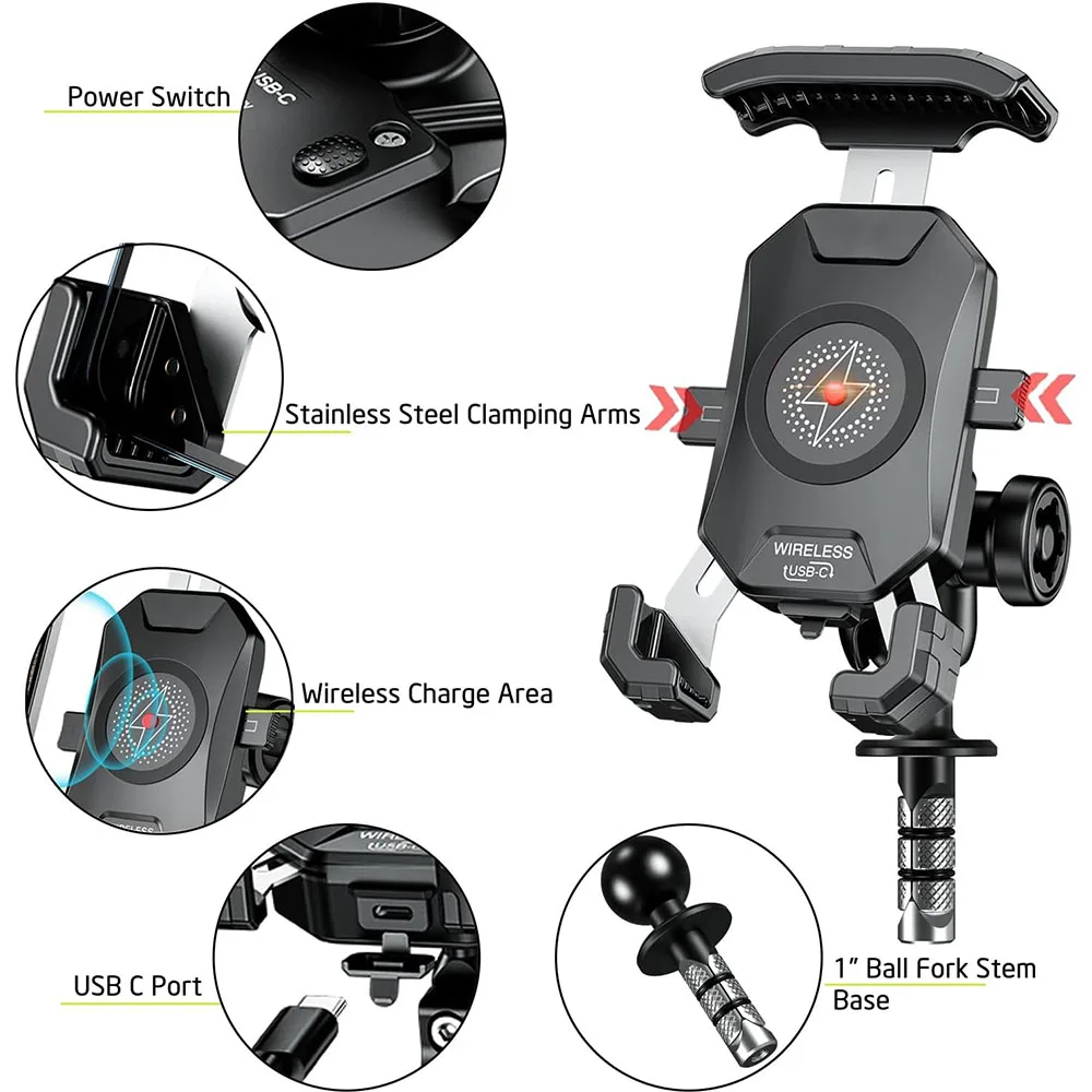 Imagem -02 - Motocicleta Garfo Stem Phone Mount Carregador sem Fio Usb c Carga Rápida Anti-roubo Guiador se Fits para Kawasaki Ducati Honda Bmw