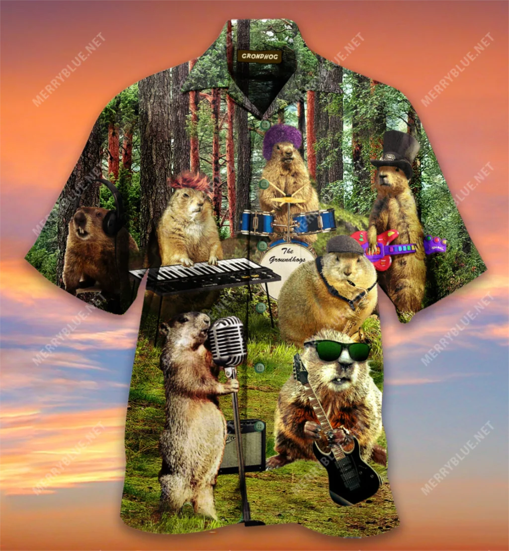 New Hawaiian Men Shirts Fuuny Marmot band Painting 3D Print Summer Vacation Tops Cuban Collar US Size for Men