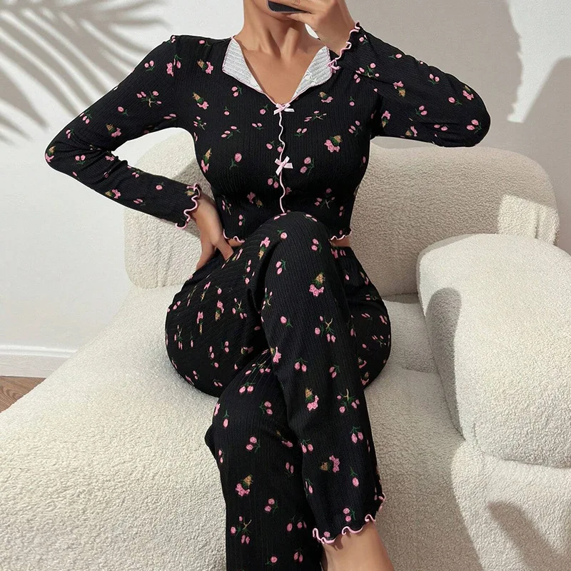 European and American Home Clothes Bow Knot Jacquard Lapel Rolled Edge Long Sleeved Pajamas Women Long Pants Ladies Sleepwear