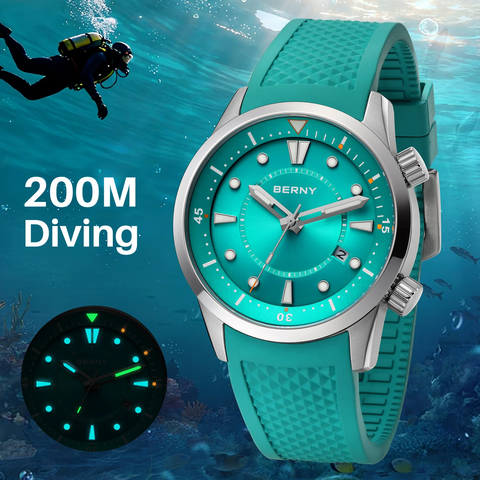 

BERNY 20ATM Automatic Diving Watch for Men AR Coated Sapphire Silicone Strap Sport Wristwatch Top Quality Men's Diver Wristwatch